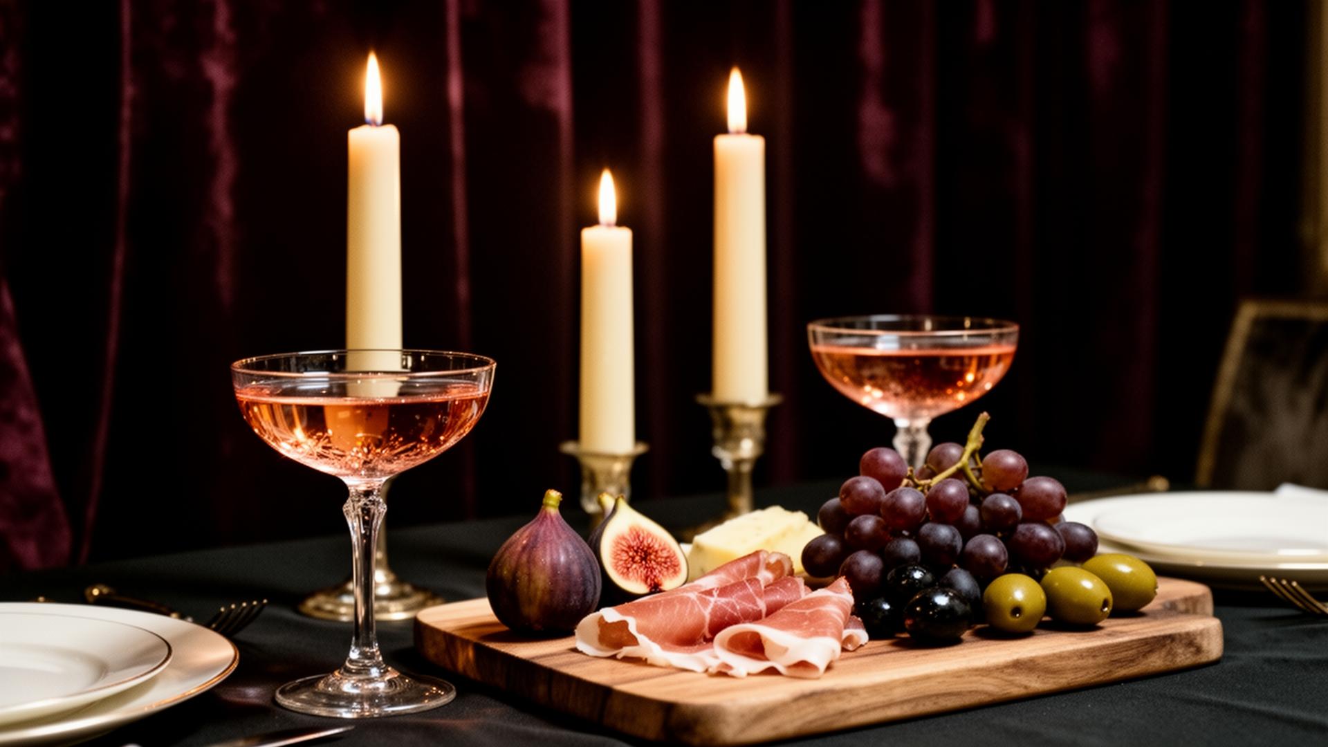 Candlelit dinner with rosé coupe glasses and charcuterie