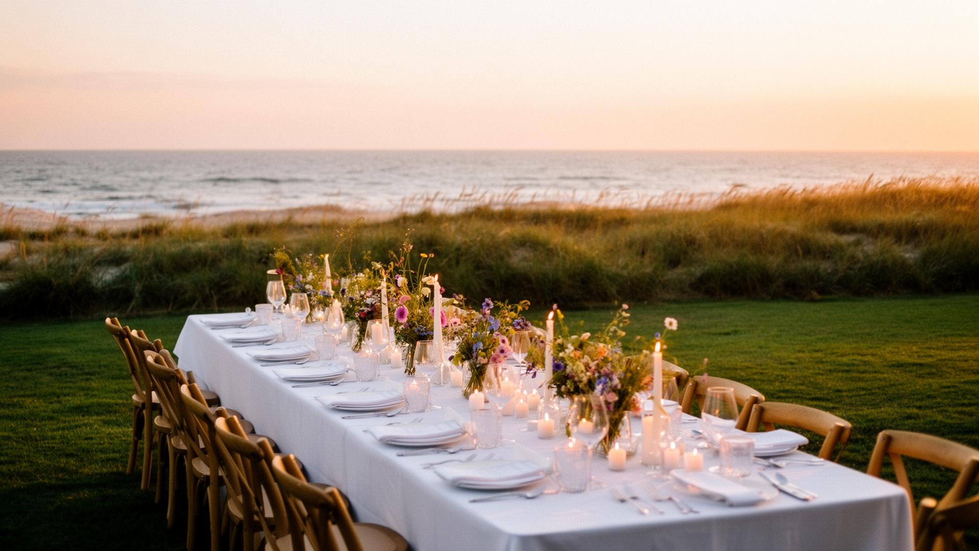 Outdoor sunset dinner table on the dunes