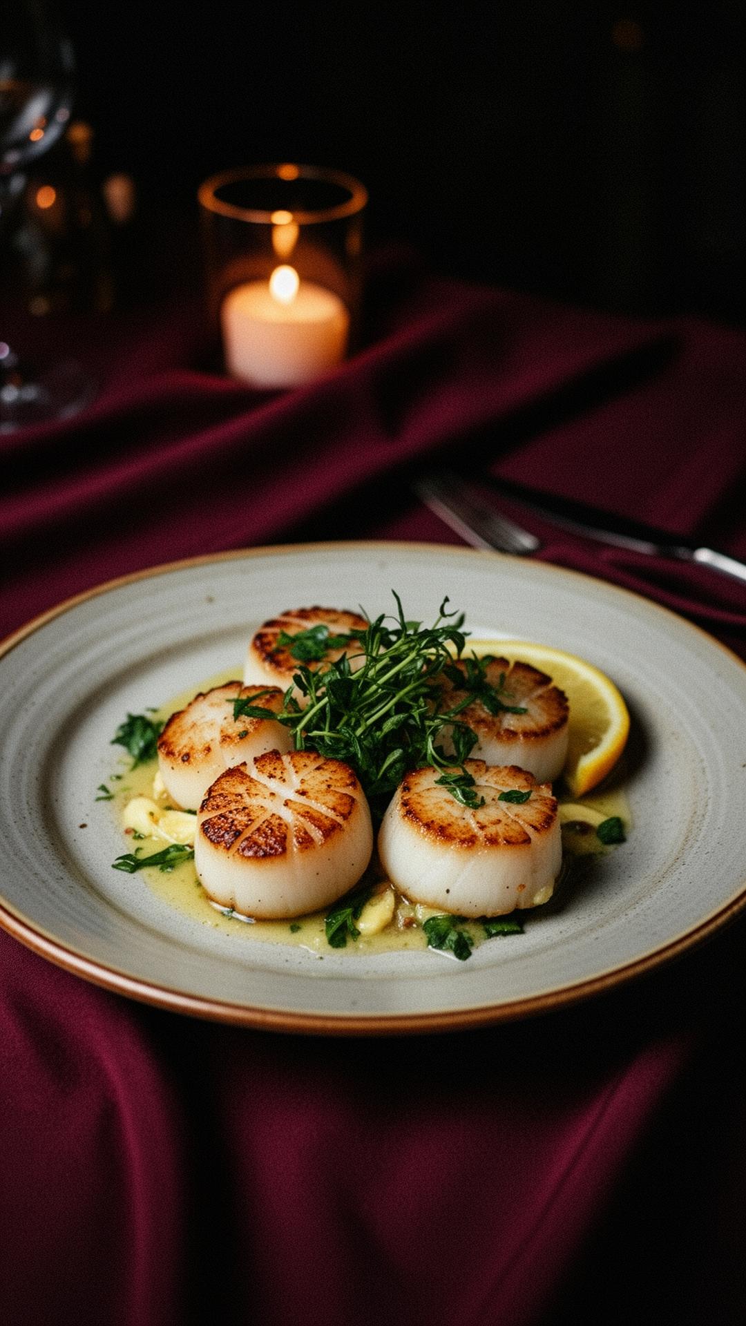 Plated seared scallops with herbs and citrus